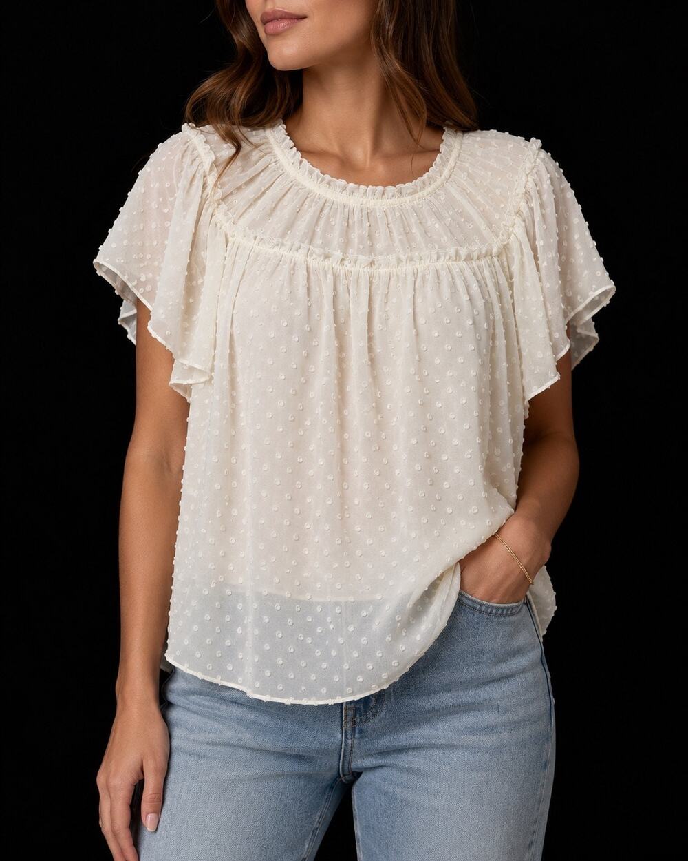 J.Crew Small Ivory Swiss Dot Ruffle Peasant Blouse Sheer Romantic Boho Top sz sm